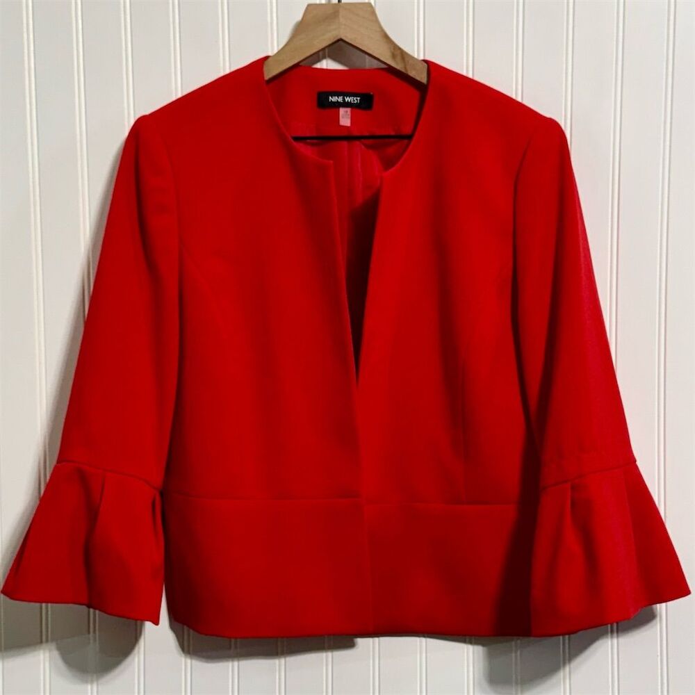 Nine West Blazer Jacket Size 12 Red Bell Sleeve Open Front Crop Career Statement